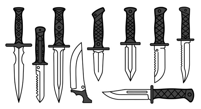 Collection of tactical combat knives and military daggers vector illustration