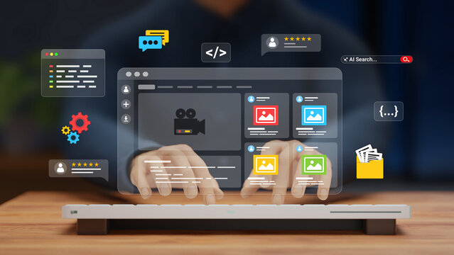 Web Design and App Development Concept. UX-UI Design, User Experience, Modern Interface Designing, Creative Planning and Data Visualization. Web Developer Working on a Website. 3D illustration