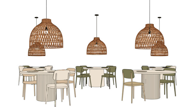 A meticulously detailed architectural sketch showcases a contemporary restaurant interior featuring large woven wicker pendant lights on a white background.