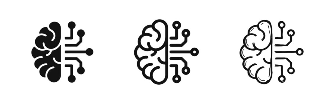 Artificial Intelligence Brain Circuit Icon Set for Digital Mind and Machine Learning