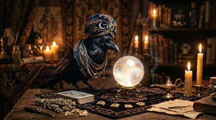 Obraz premium Ornate Dark Raven with Turban Gazing into a Glowing Crystal Ball on a Mystical Fortune-Teller's Table Amidst Candles and Arcane Objects