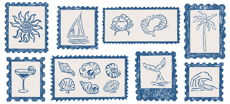 Hand drawn coastal summer post stamps set. Vintage sicilia amalfi beach surf design. Vector retro frame border, mediterranean coastal vacation doodles for summer emblem, placard or poster.