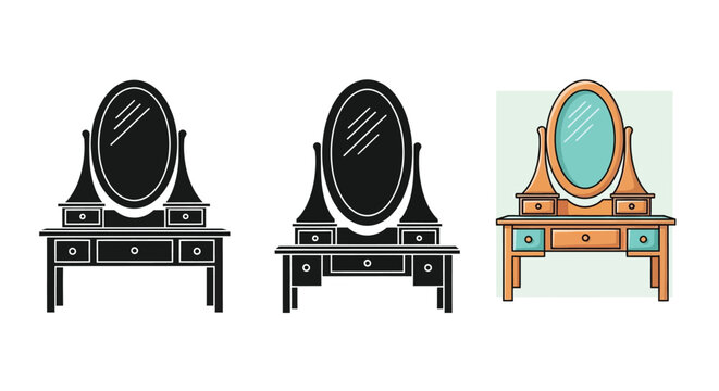 Three variations of a vintage dressing table with oval mirror