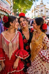 Obraz premium Three Beautiful Women in Traditional Flamenco Dresses at Spanish Festival