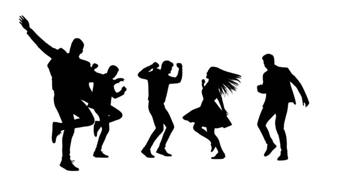 Group of silhouetted figures dancing energetically in a lively formation isolated on transparent background, Vector