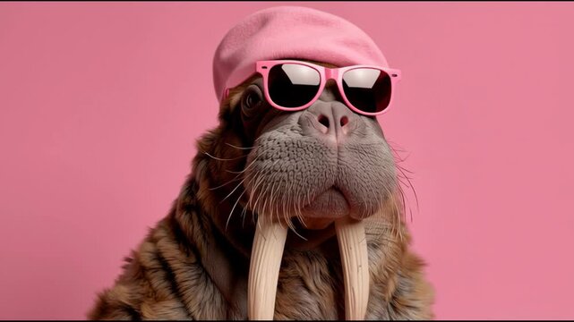 Walrus wearing pink sunglasses and a matching beret poses against a pink background, showcasing its unique style and playful demeanor in a vibrant setting