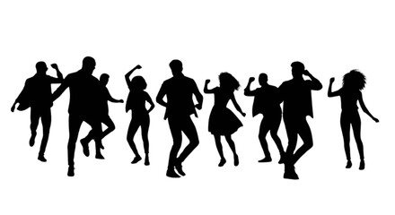 A diverse group of silhouetted people dancing together in celebration isolated on transparent background, Vector