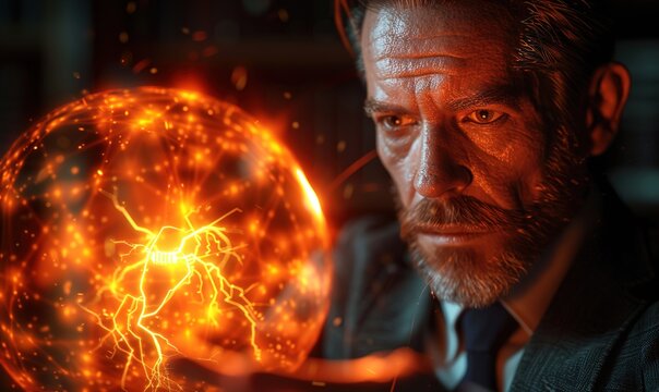A middle-aged man in a suit holding a glowing orange orb with lightning inside
