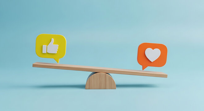 A wooden seesaw balancing social media likes and hearts on a light blue background