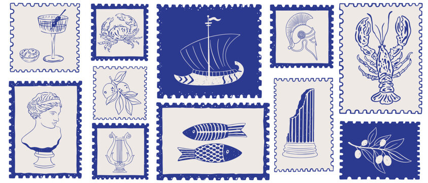 Hand drawn Greek summer vacation postal stamps set. Greece coastal sea life, architecture, column, sculpture, lobster, lemon. Retro border design with Greek for invitations, cards, placard or poster