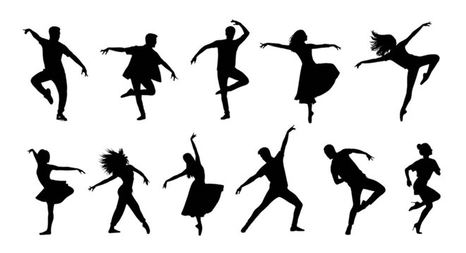 Graceful silhouettes of ballerinas in dynamic dance poses isolated on transparent background, Vector