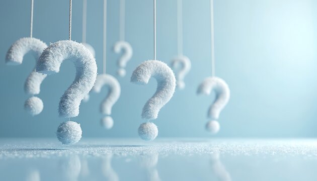 Fuzzy white question marks suspend in cold blue background. Symbols of doubt and mystery hang in frosty air, suggesting queries and confusion. Think about complex decisions and abstract concepts.