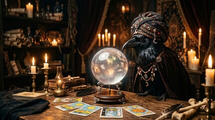 Obraz premium Mystical Raven Fortune Teller in Ornate Turban and Velvet Cloak Gazing into Glowing Crystal Ball with Tarot Cards