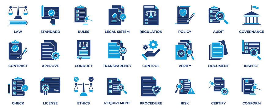 Compliance icon collection set. with icon justice, law, audit, policy, regulation, contract, ethics, certify, document,  approve and more. Solid blue style vector illustration. 