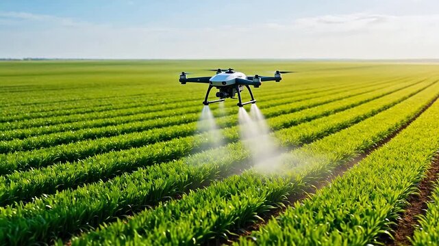 Drone spraying crops in field