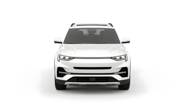 A white SUV vehicle is parked facing forward on a plain surface indoors.