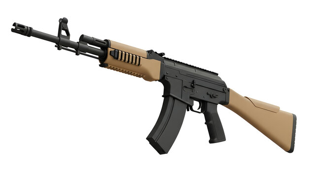 Rifle with tan stock and black metal parts on a white background