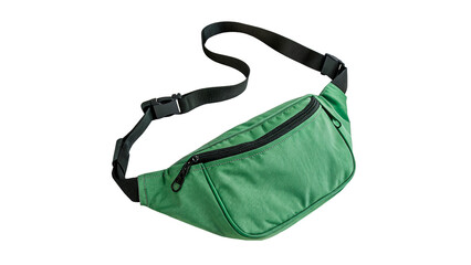 Fanny pack in green color with a zip closure and adjustable strap for outdoor activities and daily use isolated on transparent background © Arina
