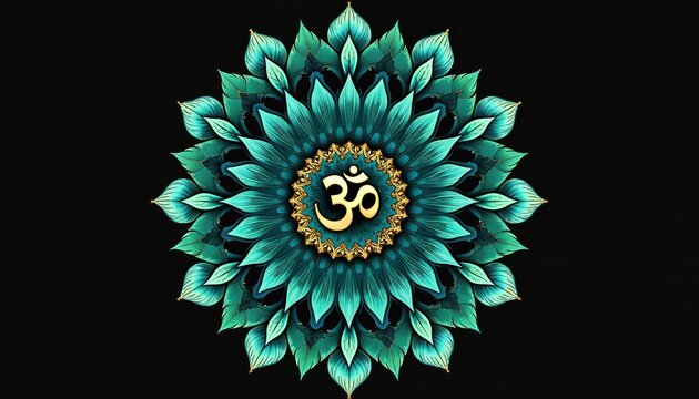 Intricate mandala radial design features gold Om symbol at center. Teal green abstract petal shapes form circular pattern. Dark background, spiritual art.