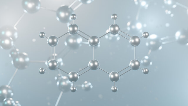 naphthalene molecular structure, 3d model molecule, aromatic hydrocarbon structural chemical formula view from a microscope