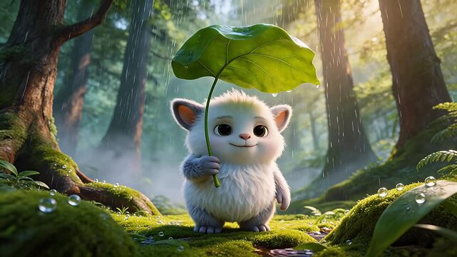 Cute fluffy creature with leaf umbrella in forest
