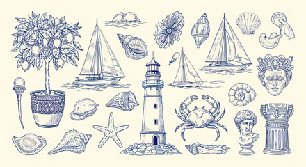 Collection of Mediterranean and nautical hand-drawn sketches on beige background © Wicaksono