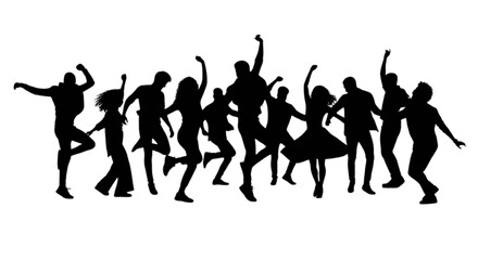 Fototapeta premium Dynamic group of silhouetted people dancing together in unison with arms raised joyfully isolated on transparent background, Vector