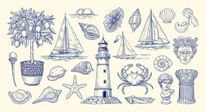 Collection of Mediterranean and nautical hand-drawn sketches on beige background