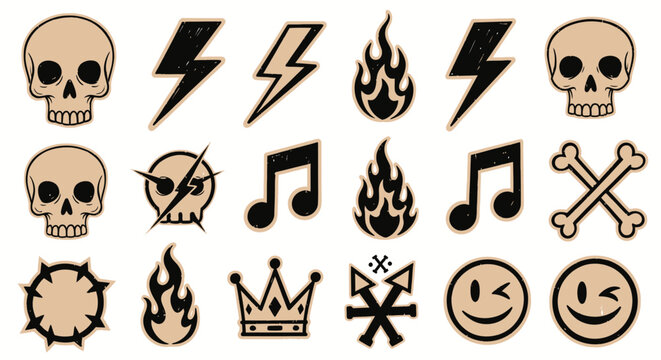 Hand drawn vintage punk style stickers and icons collection with skulls and flames