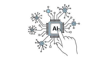 Obraz premium Human hand touching an artificial intelligence microchip with neural network connections