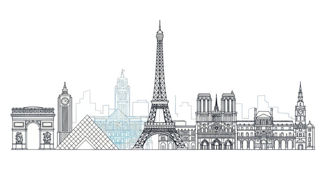Iconic European landmarks illustrated in a skyline silhouette.