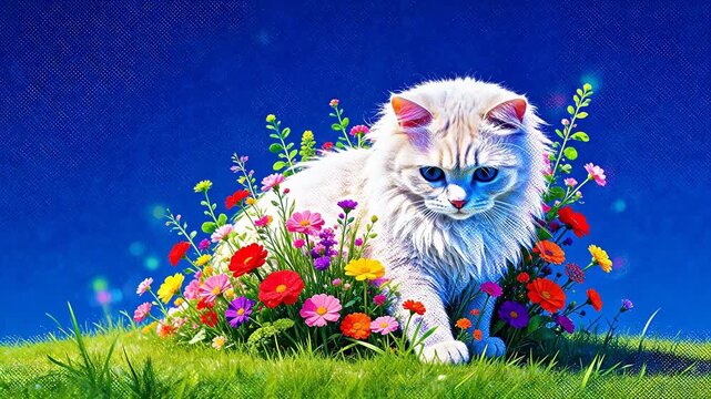 White cat with blue eyes surrounded by flowers
