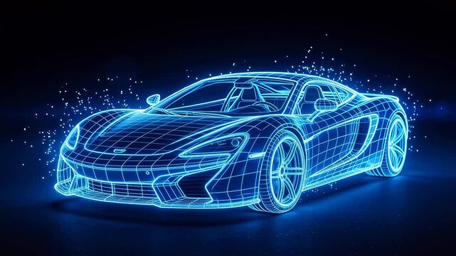 Blue wireframe sports car on dark background