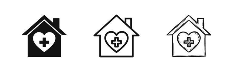 Fototapeta premium Medical Home Care Icons Set, House with Heart and Cross Symbol in Solid, Outline and Hand-Drawn Styles