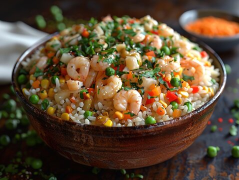 A delicious bowl of shrimp and rice with mixed vegetables on a table