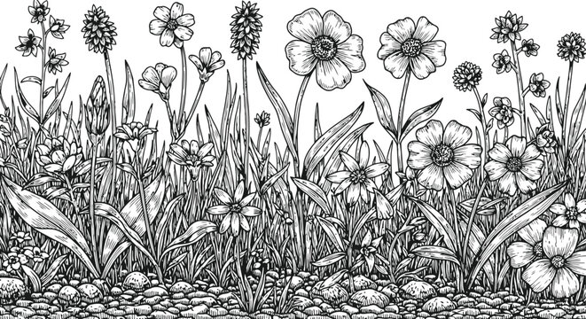 Detailed black and white sketch of wildflowers and grass with pebbles in a seamless pattern