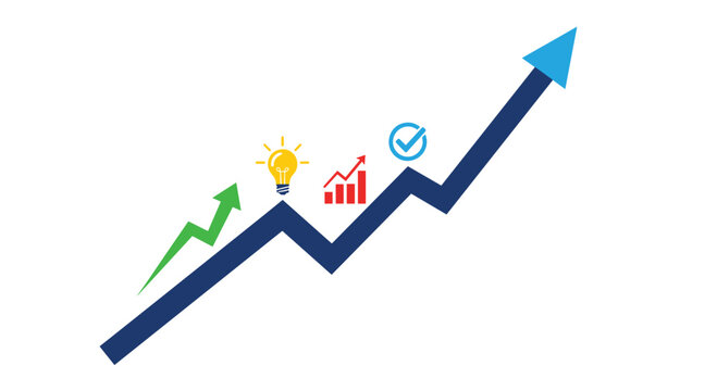 A thick dark blue ascending line graph features a light blue arrowhead pointing towards the upper right corner against a clean white minimalist background.