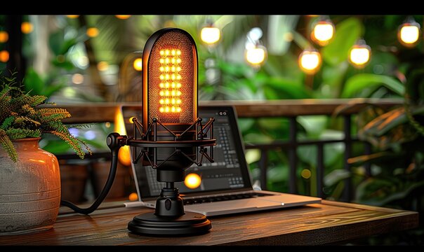 A vintage microphone on a wooden desk in an outdoor setting with a laptop and potted plant