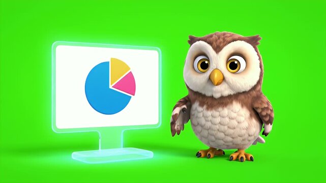 Cute cartoon owl character presenting a pie chart on a glowing screen with a bright green background a whimsical educational
