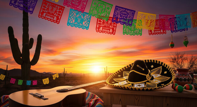 Vibrant Mexican fiesta scene, colorful papel picado flags, guitar and sombrero at sunset, desert landscape