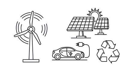 Set of renewable energy and sustainability line art icons on white background. © Naswi