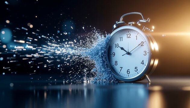 Time's relentless passage visualized an old-fashioned alarm clock dissolving into a dynamic stream of digital dust, conveying urgency and transformation