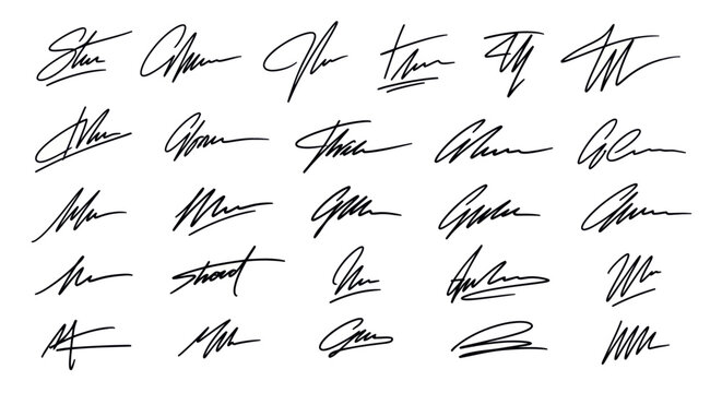 Set of diverse handwritten black signatures on a white background