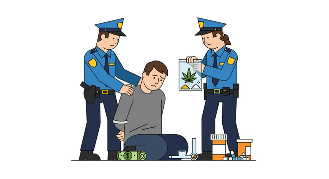 Two uniformed police officers arrest a dejected man kneeling on the ground while holding a plastic evidence bag filled with various illegal substances.