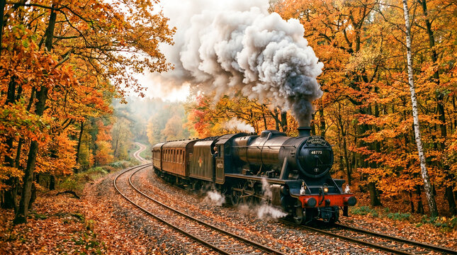 Tren antiguo de vapor en bosque oto&ntilde;al, hojas ca&iacute;das, humo denso, iluminaci&oacute;n suave, estilo vintage, composici&oacute;n cinematogr&aacute;fica.