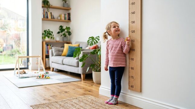 A child measuring their height against the wall at home, happy with their growth and development.