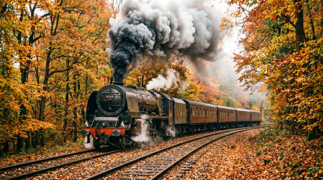 Tren antiguo de vapor en bosque oto&ntilde;al, hojas ca&iacute;das, humo denso, iluminaci&oacute;n suave, estilo vintage, composici&oacute;n cinematogr&aacute;fica.