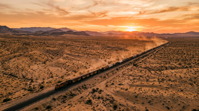 Tren de mercanc&iacute;as largo cruzando desierto al atardecer, tonos c&aacute;lidos, polvo en el ambiente, perspectiva a&eacute;rea con dron, composici&oacute;n minimalista.