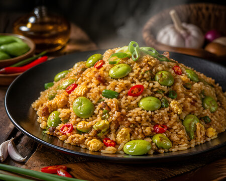 Close-up of steaming Indonesian nasi goreng fried rice in a black plate. Garnished with petai beans, red chilies, and green onions on a rustic wooden table with fresh ingredients.