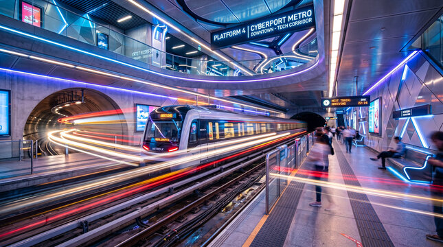 Tren urbano metro llegando a estaci&oacute;n moderna subterr&aacute;nea, luces LED, arquitectura futurista, l&iacute;neas limpias, exposici&oacute;n larga.
